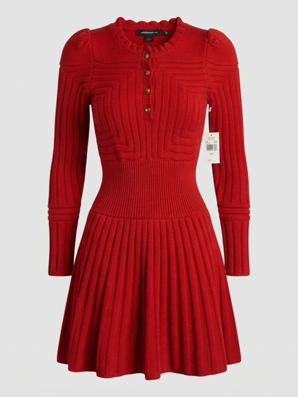 Moda International Red Ribbed Fit-and-Flare Long Sleeve Dress